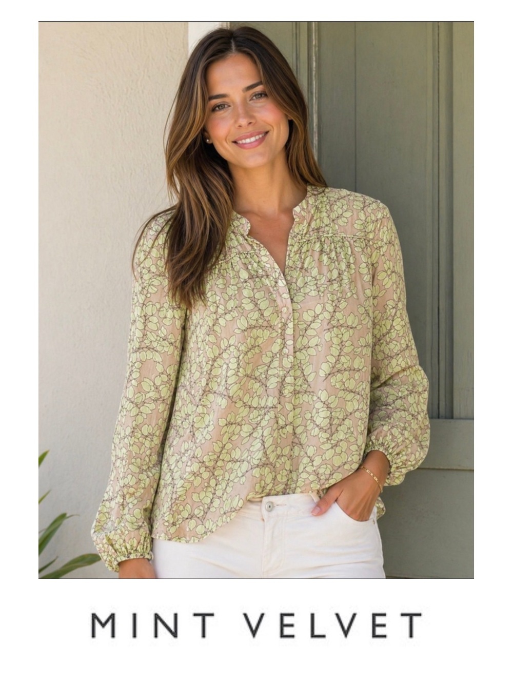 Light Green Floral Button-Front Blouse
